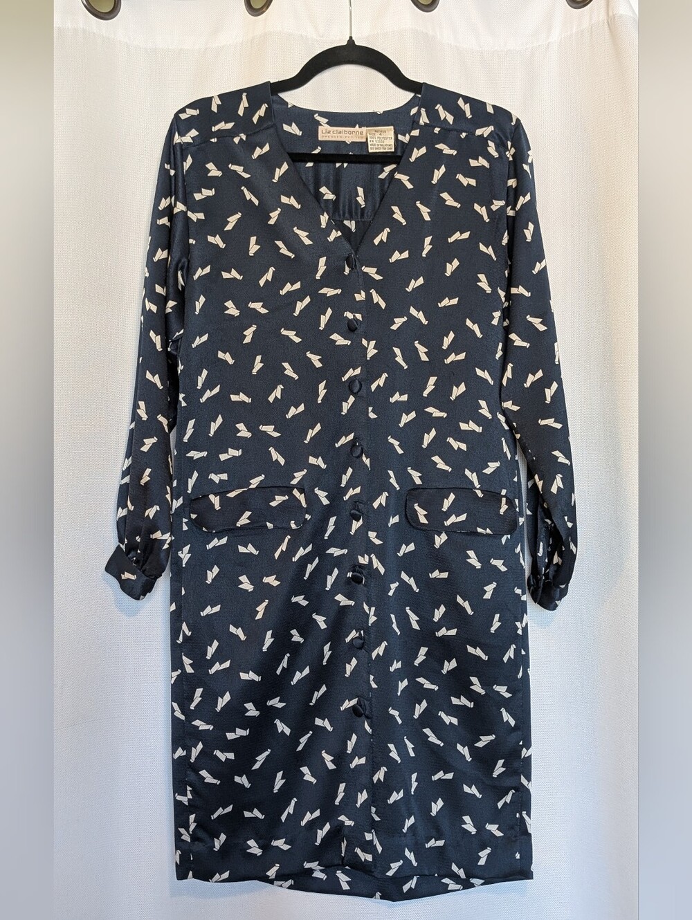 Liz Claiborne Navy Blue And White Vintage Button Down Long Sleeve Dress Sz 4/P